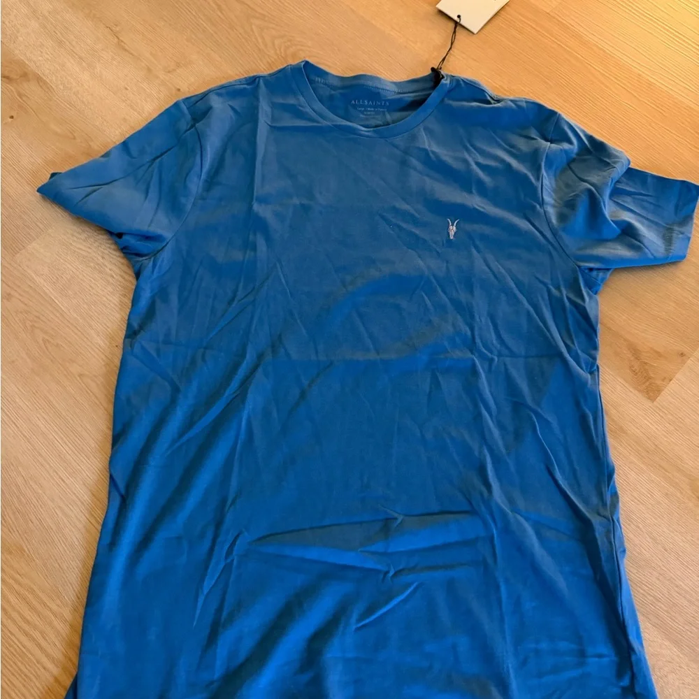 All Saints Men’s Blue Crewneck T-Shirt with Signature Embroidered Logo - Picture 1 of 2